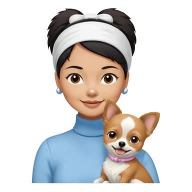 tan skin woman, with short black hair in a slicked back ponytail with forehead showing, with white headband, wearing solid pastel blue turtleneck shirt, smiling carrying dark brown-white furry fuzzy chihuahua pomeranian dog sticker