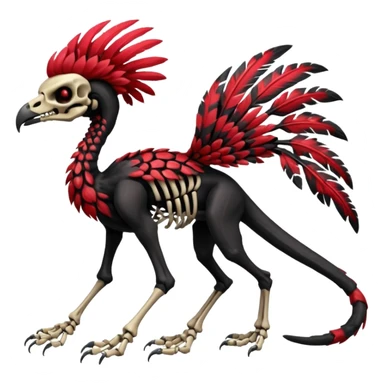 Rare realistic dark edgy tropical tribal patterned red-feathered skeletal badass epic handsome gorgeous aesthetic colorful vibrant black-skulled Vernid-Trico-species-Fakemon-creature by LiLaiRa, 4 legs, 1 tail, random markings, (full body) sticker