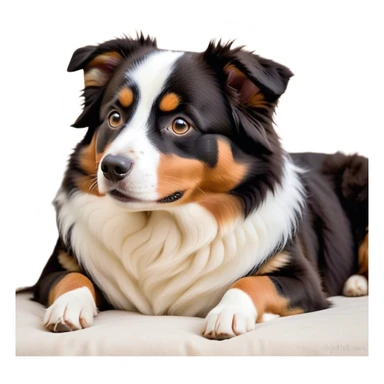 Cinematic Meme-Worthy Chubby Sleeping Tri-Color Australian Shepherd Portrait Emoji, Head resting peacefully with a contented smile, showcasing a delightfully chubby build and a luxuriously soft tri-color coat of bold black, crisp white, and warm tan, eyes shut in a serene nap, Simplified yet hilariously adorable features, highly detailed, glowing with a soft, drowsy light, high shine, relaxed and utterly lovable, stylized with an air of playful laziness, bright and heartwarming, soft glowing outline, capturing the essence of a comically sleepy Tri-Color Australian Shepherd, so meme-worthy it feels like it could instantly become the next viral sensation of adorable slumber! sticker