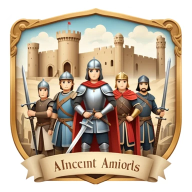 Icon for Historical Movies: A vintage movie poster-style design with elements of ancient architecture, historical figures in period costumes, and a backdrop of a historical event or battle. Include scrolls, swords, and shields. Retro cinematic feel. Transparent background. sticker