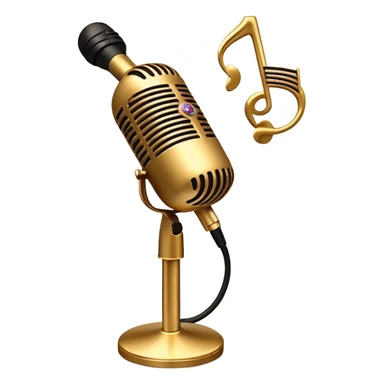 Create a sophisticated and smooth emoji representing jazz vocal performance. The design should feature a stylized microphone, with musical notes swirling around it to convey the fluid, improvisational nature of jazz. Add subtle elements like a vintage microphone stand or a hint of a singer’s silhouette in the background to reflect the live, intimate feel of jazz performance. Use deep, rich colors like gold, black, and burgundy to evoke the classic, smooth vibes of jazz. The background should be transparent. sticker