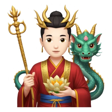 man with asian dragon head, scepter, buddhism, lotus sticker