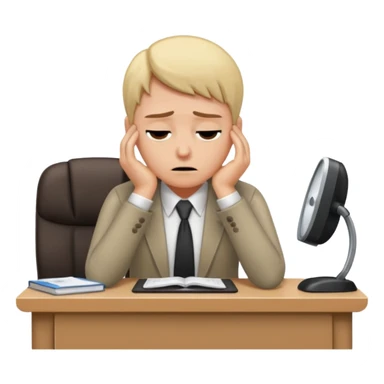 Professional person experiencing burnout, exhausted and overwhelmed, tired eyes, slumped posture, sitting at a desk, iOS emoji style sticker