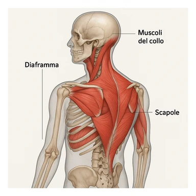 vista 3D con trasparenza, diaframma bloccato, muscoli del collo e scapole evidenziati, didascalie in italiano sticker
