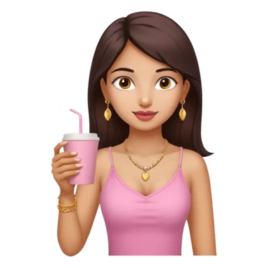 a pretty fair indian bratz girl with a pink cami top, drinking takeaway brown coffee, golden dainty necklace and carrying a white bag sticker
