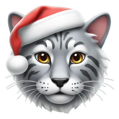 Grey big cat with white accents wearing a Santa hat sticker