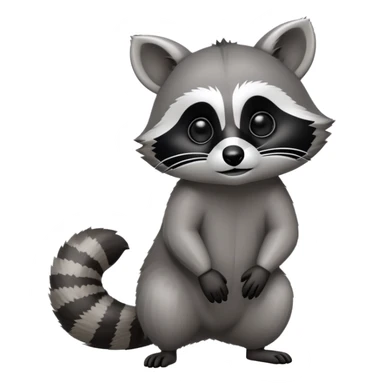 Cinematic-Raccoon-Realistic-hunched Full-Body on all fours-Emoji – Tail flicking lazily, head tilted dramatically, thick grey fur with a signature black mask, sharp and alert ears, simplified yet realistic focused features, highly detailed, glowing with an almost sarcastic glow. big black eyes sticker