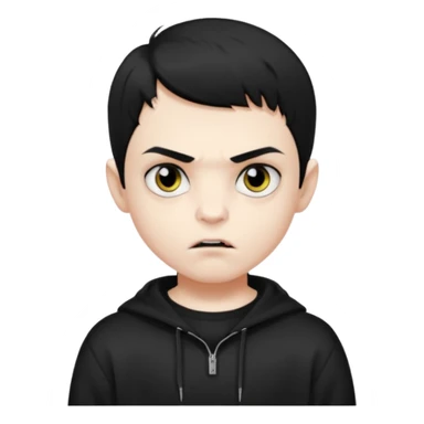 Vampire boy with the short black hair, pale-white skin, black eyes, little fangs and dark circles under his eyes. He has serious face and he wear a black oversize sweatshot sticker