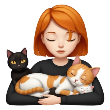 Ginger Girl short hair sleeping with two cats a black and a white bigger cat  sticker