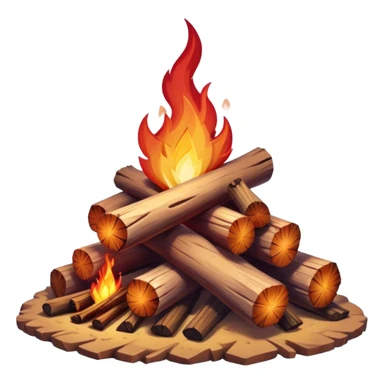 Cinematic Realistic Campfire, a roaring flame crackling atop carefully arranged logs, embers glowing deep red, golden light casting soft flickering shadows, gentle smoke drifting upwards, glowing with warmth and coziness. sticker