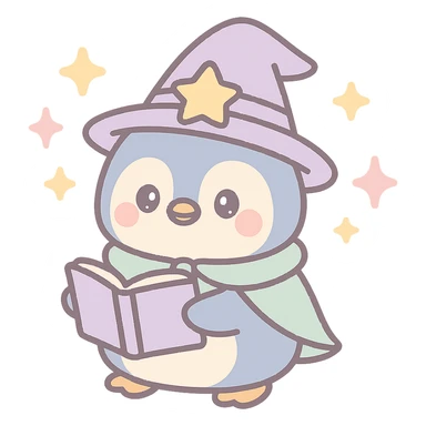 a chubby penguin in wizard attire, holding an open spellbook, magical aura around sticker