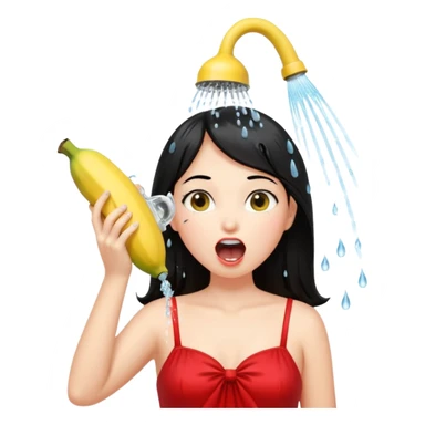 a girl with black hair and red dress with opened mouth drinking pale yellow water coming out from a shower looking like a banana above her head sticker