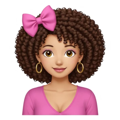 Naturally tan skin girl short darkBrown curly afropink shirt very long lashes hoop gold earrings Brown eyes gyaru smiling closed mouth cute bow hairclip small on the side. V neck pink shirt sticker