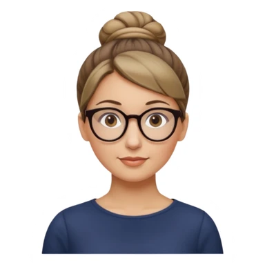 femme de 38 ans avec des cheveux blond foncé sans mèche devant, un chignon haut, yeux bruns, lunettes rondes sticker