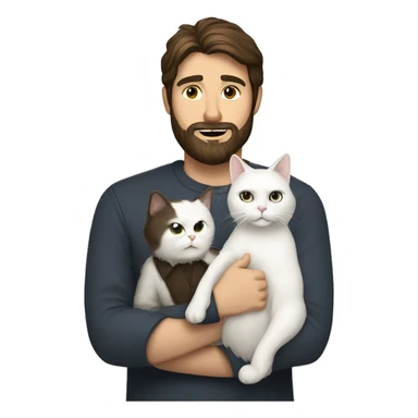 A whit man with dark brown hair and beard holding white cat sticker