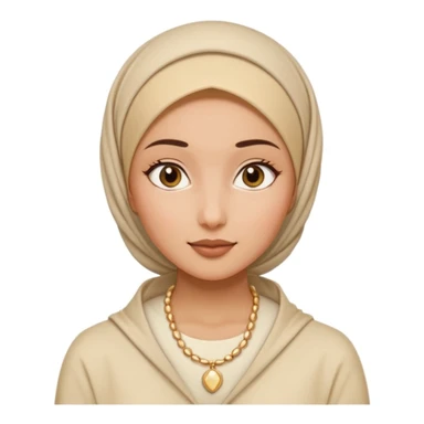 clean girl aesthetic emoji, hijabi woman in a white top and beige hijab, gold necklace, slick bun under hijab, glowing skin, soft beige background sticker
