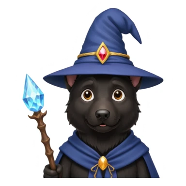 all black german shepherd face wearing a wizard hat and staff and magic emmiting from him sticker