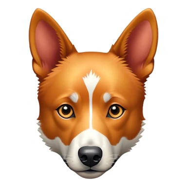 Red heeler, with a golden coat, angle and devel sticker