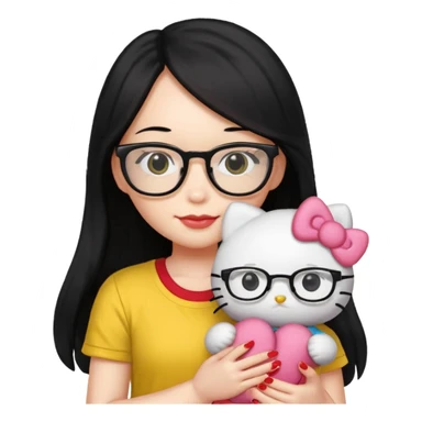 Nails cute with hello kitty wear glasses black long  hair, wear yellow shirt , red nails , big hello kitty sticker