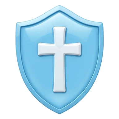 A cute 3D render icon of a protective shield. Rounded edges, plump, glossy plastic material. Sky blue and white color palette. A subtle, soft white cross or heart symbol embossed in the center. Clean studio lighting, soft shadows. Isolated on a light pastel background. Minimalist design. sticker