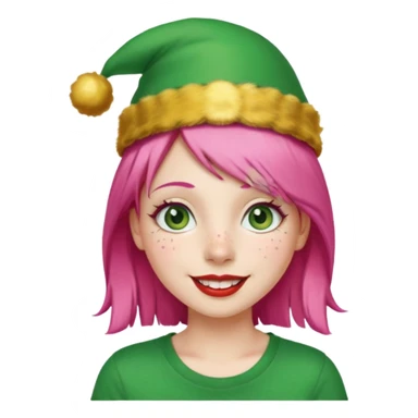 Create a girl with pink hair and green eyes with long eyelashes and a smiley face. She has freckles in her face and a lit of bit of lipstick on her mouth, she’s also got gold birthday hat on her head with gold pom poms on top of it, and her T-shirt is red sticker
