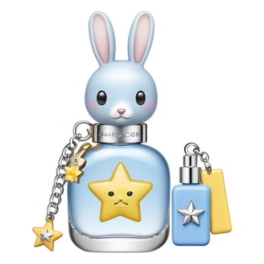 Create an emoji of a clear perfume bottle labeled ‘Perfect Marc Jacobs’ with a silver cap topped with fun charms: a silver star, white bow, yellow ring, blue rabbit, and domino tile. Soft pastel colors, cute and playful style sticker