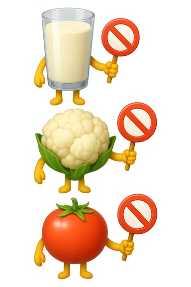 emoji stile iphone di un BICCHIERE DI LATTE CAVOLFIORE E POMODORO CHE FLUTTUANO IN ARIA VERTICALMENTE CON DIVIETI IN MANO, iperrealistico 4k, isolato su sfondo bianco sticker