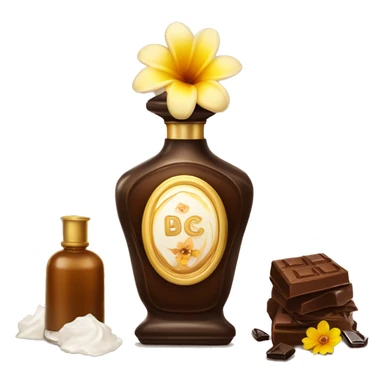 An antique perfume bottle with oil made of bronze and brown crystals, coconut cream and coffee milk flow, chocolate, yellow flowers of fragrant vanilla lie next to it sticker