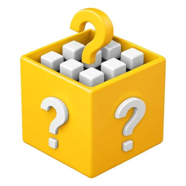  yellow cube shaped box stuffed with white question marker cubes sticker