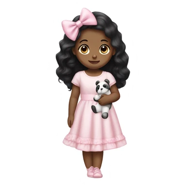 Little  babygirl with White skin,. Long black hair, with light pink bows.  She is wearing a light pink and White dress, holding a teddybear with a pink bow. sticker