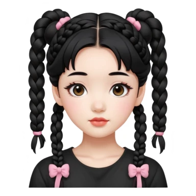 a beautiful girl face, wearing cute korean makeup, black hair, lower braided space buns with cute front bangs, kpop idol sticker