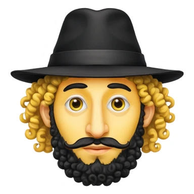 Head of an orthodox Jewish man with yellow skin, a huge nose and curly hair with a black Orthodox Jew hat sticker