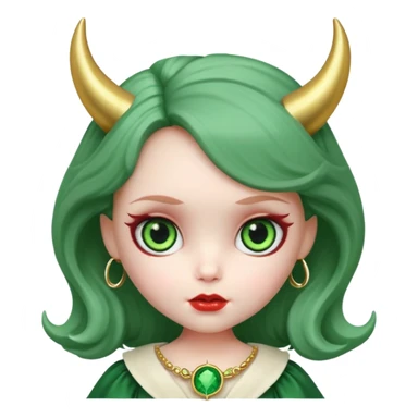 A Blythe doll with big green eyes and devil horns and a halo  sticker