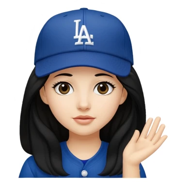 Can you make an emoji of a girl with fair skin with black long hair wearing an LA dodger hat sticker