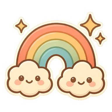 chibi sticker-style rainbow with sparkles, cute and exaggerated sticker
