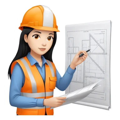 Female civil engineer with long black hair wearing white helmet and an orange safety vest looking at A3 drawing plan on her hand  sticker