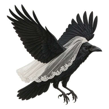 a flying raven wearing a white wedding veil, elegant, detailed, no background sticker