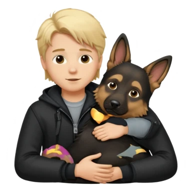 Garoto loiro fofo e cabelo comprido usando uma jaqueta preta abraçando um cachorro pastor alemão  sticker