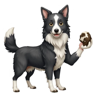 A black and white border collie werewolf, standing on her hind legs, holding a cow's hoof. sticker