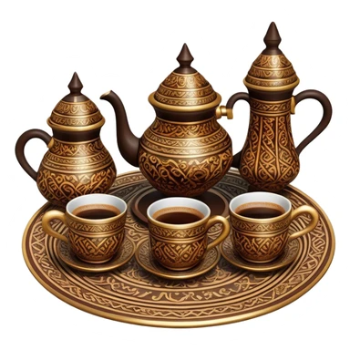 Turkish Coffee Set – Cinematic Realistic Turkish Coffee Set, depicted as an elegantly arranged ensemble of ornate coffee cups and a traditional cezve pot, adorned with intricate patterns and rich, warm colors, rendered with detailed textures and soft ambient lighting that captures its cultural heritage. sticker