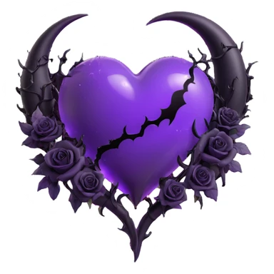 3D emoji gothic heart, purple glass, crescent moon, black roses, devil tail, glowing stardust, electric lightning, wet look, shattered glass texture sticker