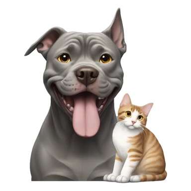 Grey pitbull playing with a Maine coon sticker