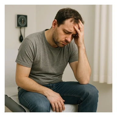 realistic image of a man with problems in the intimate area, looking sad and demoralized, sitting with a hand on his lap, medical and respectful context, no explicit details sticker