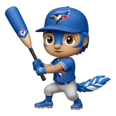 muscular bluejay  swinging a baseball bat with  toronto blue jays baseball hat sticker