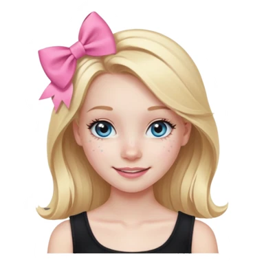 A blonde girl, teen, pale skin, freckles, light blu eyes, lashes, smiling, black top, pink coqquete bow in hair sticker