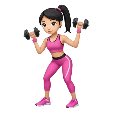 A tan girl with black hair in a ponytail. Wearing a pink gym set. Picking up dumbells sticker