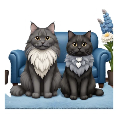 A large black smoke Maine Coon cat with long grey ear tufts and a fluffy grey ruff, sitting next to a chubby British Shorthair cat in blue color with plush fur, both sitting comfortably on a leather sofa. Beautiful room background with flowers and soft lighting. Transparent background. sticker