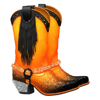 Realistic neon orange to black ombre pair of fashion cowgirl boots with sparkly shiny glitter fringe on them. sticker