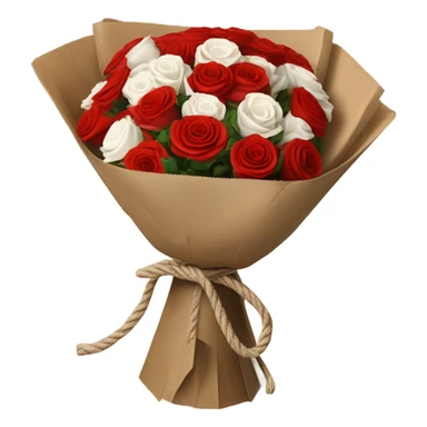 Rose bouquet wrapped in brown paper, red and white roses. The paper must show at the back and the bow must be rope. White and res roses sticker
