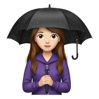 white woman with long brown hair and brown eyes, in a sweater, holding an umbrella in the rain sticker